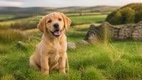 Golden Labrador puppy sitting in Irish countryside - best puppy food Ireland