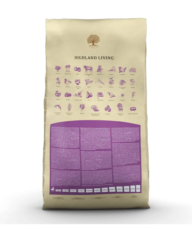 ESSENTIAL HIGHLAND LIVING, a grain-free dog food, blends natural ingredients like Norfolk Black turkey, Aberdeen Angus beef, and Scottish salmon, promoting vitality and adhering to a grain-free diet.