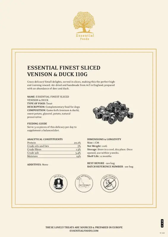 ESSENTIAL FINEST SLICED VENISON & DUCK SAUSAGES 110G - TREATS