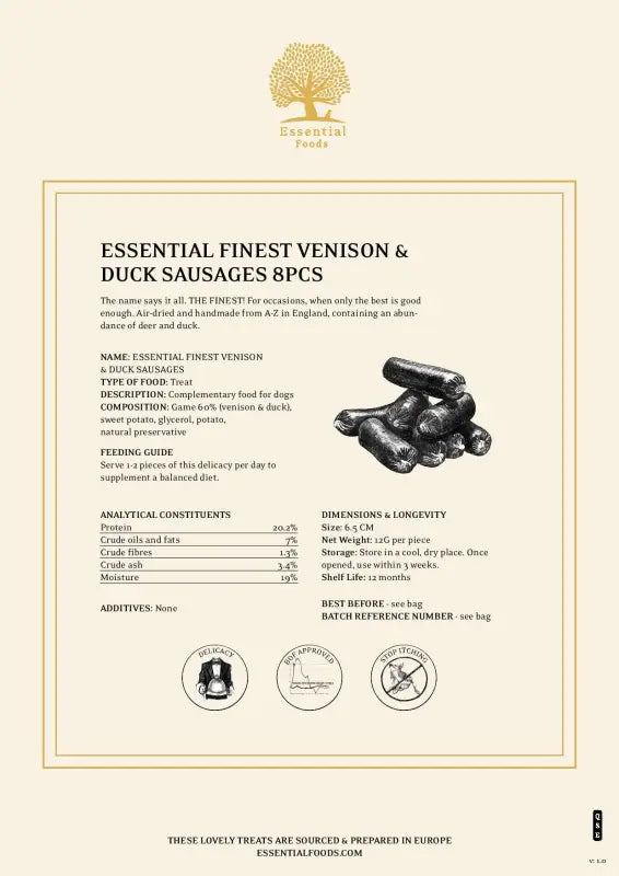 ESSENTIAL FINEST VENISON & DUCK SAUSAGES 8PCS - TREATS